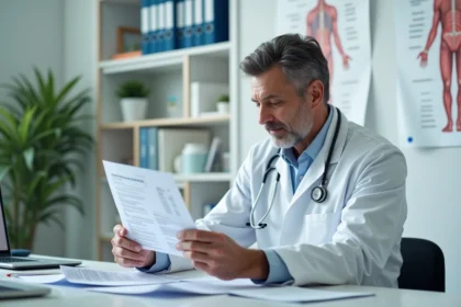 Médecin en blouse blanche lisant des prescriptions dans un bureau médical