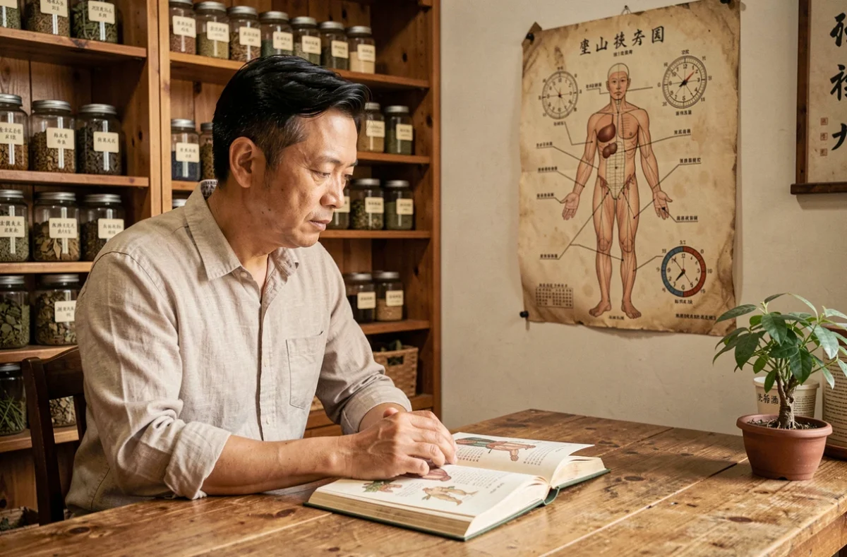 Praticien de médecine traditionnelle chinoise consultant un schéma des méridiens et de l'horloge des organes, illustrant le réveil à 4h selon l'approche orientale