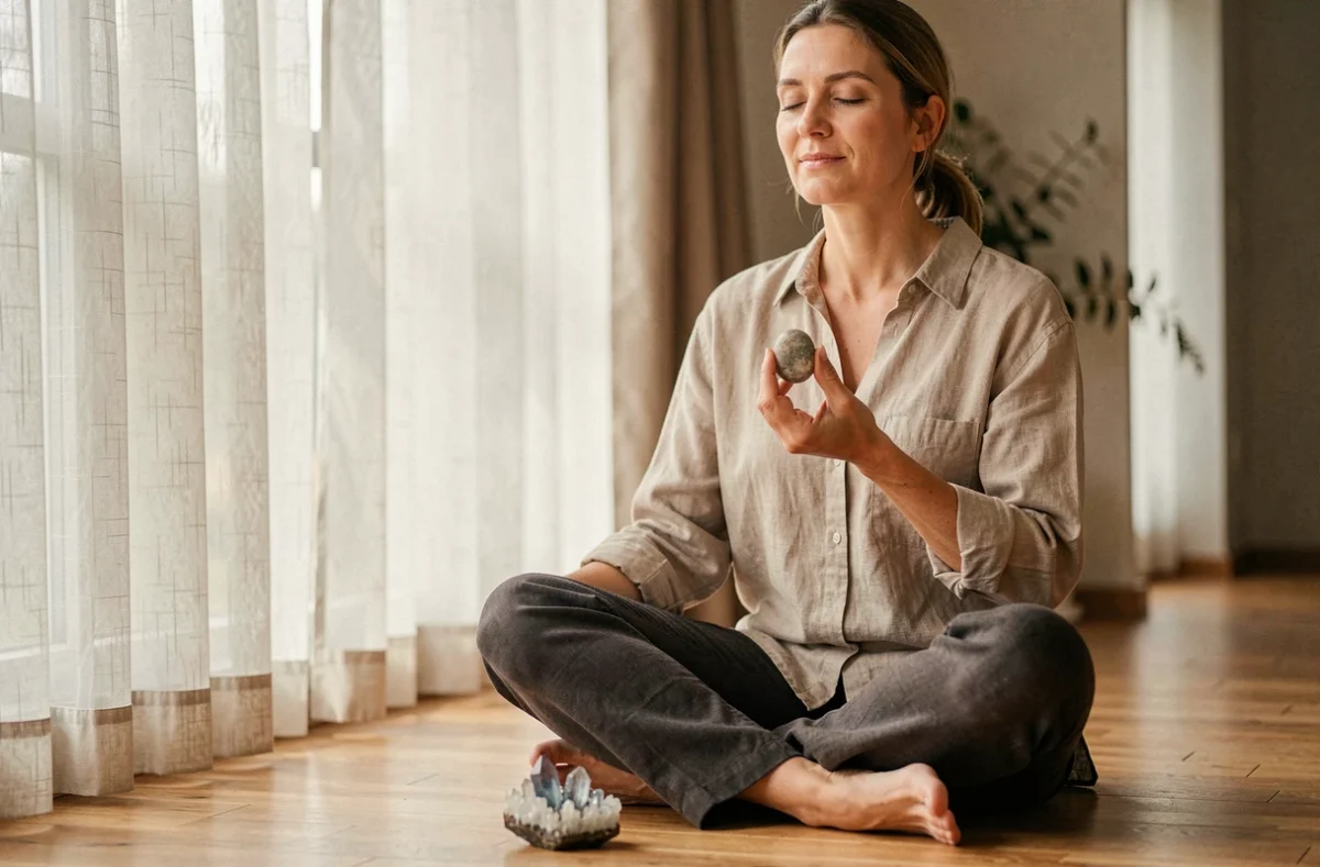 Femme en méditation tenant une pierre d'inquiétude polie, assise près d'une fenêtre dans une atmosphère apaisante propice à l'entretien et la recharge des pierres