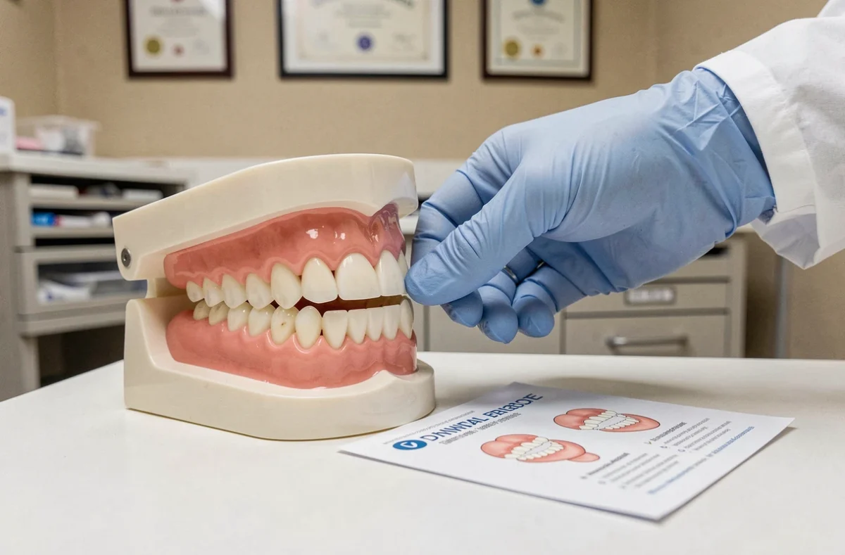 Modèle dentaire et brochure sur les alternatives à l'implant sans greffe osseuse en cabinet dentaire