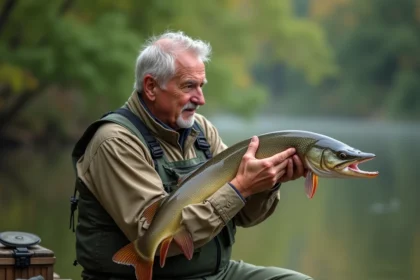 Pêcheur mordu par un brochet tenant le poisson avec une expression de douleur sur un ponton en bois au bord de la rivière