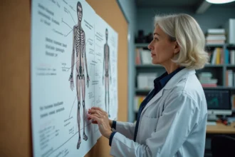 Neuroscientiste étudiant un schéma anatomique en forme de bonhomme allumette dans un laboratoire universitaire