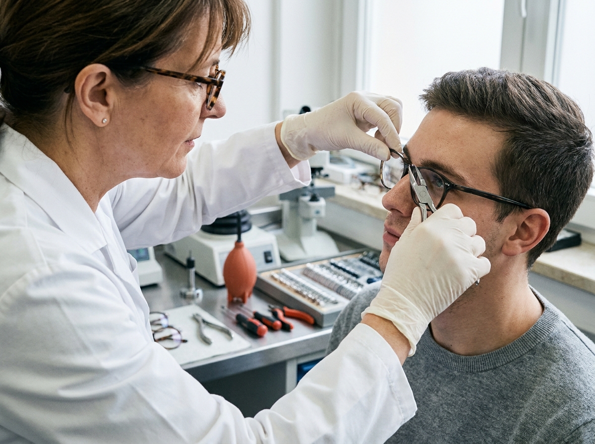 Opticienne ajustant des lunettes sur un client dans un atelier d'optique professionnel