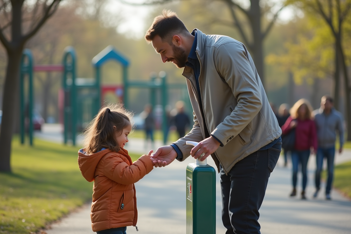 Père aidant sa fille à utiliser du gel hydroalcoolique dans un parc
