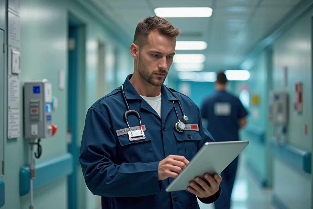 Paramedic confiant consulte dossiers médicaux numériques