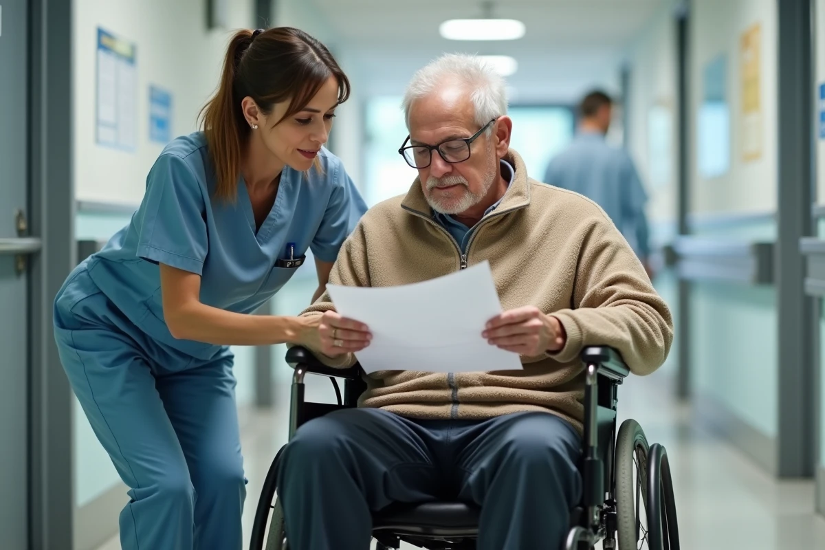 Un patient en fauteuil roulant et une aide-soignante examinent un bon de transport Cerfa dans un couloir d'hôpital