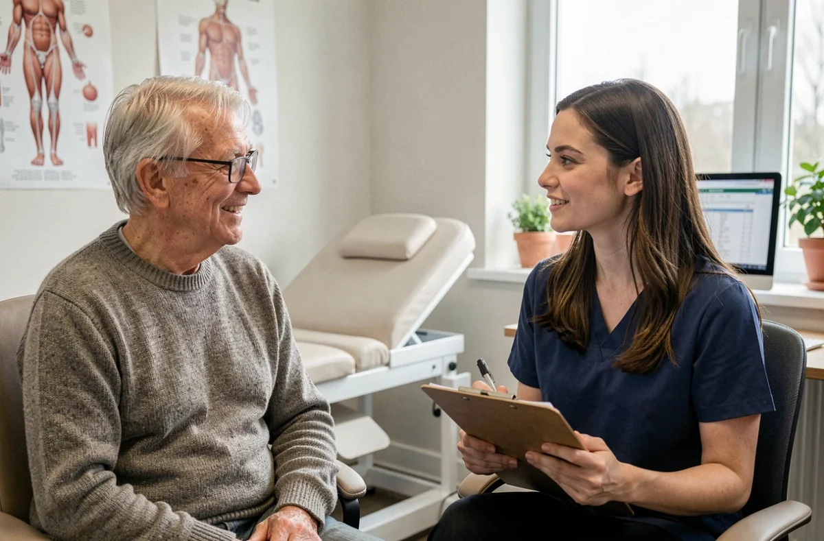 Patient âgé en consultation médicale avec une médecin généraliste dans un cabinet moderne, représentant l'accessibilité et le suivi des soins de santé en 2026