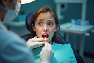Jeune adulte inquiet chez le dentiste lors d'un examen