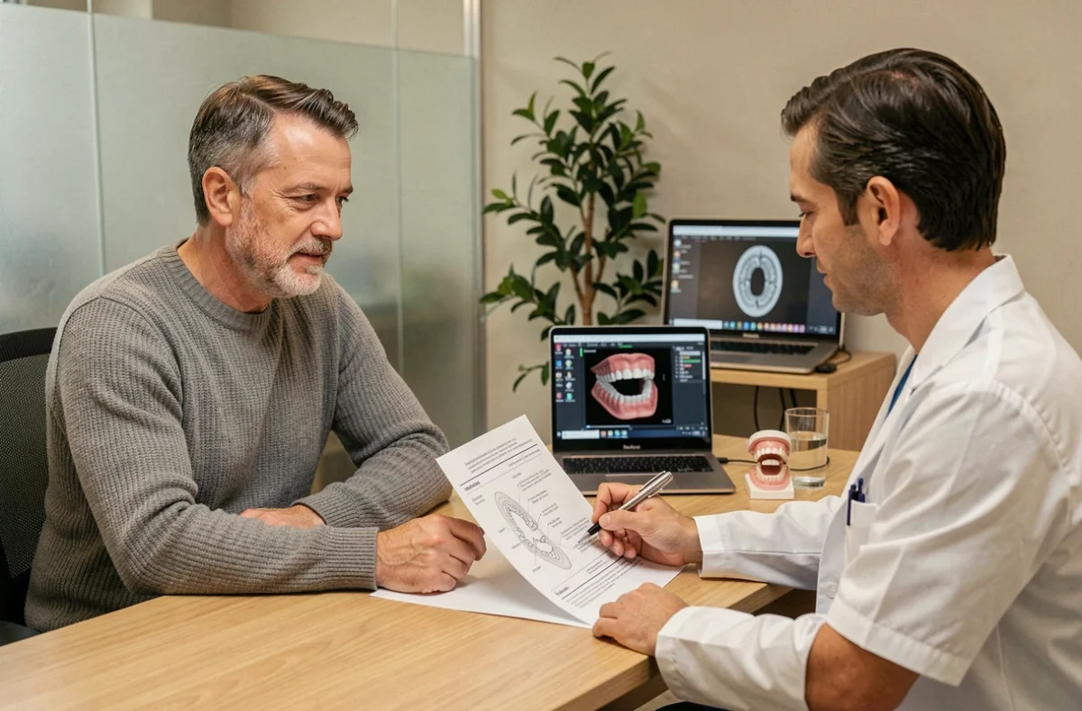 Patient et dentiste discutant d'une solution dentaire alternative à l'implant avec os artificiel lors d'une consultation