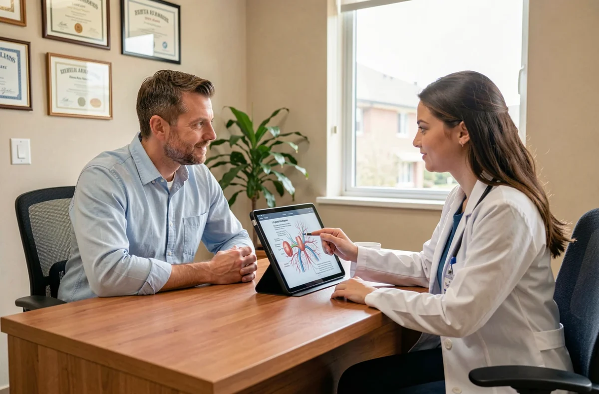 Patient masculin en consultation avec une médecin regardant un schéma des ganglions lymphatiques pour comprendre une boule sous l'aisselle