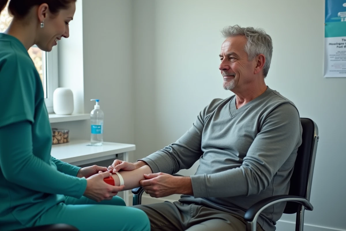 Patient se faisant faire une prise de sang par une infirmière pour évaluer le taux de LDH et l'inflammation