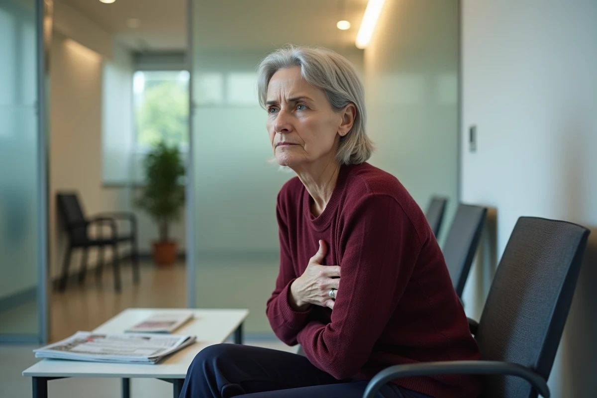 Patiente en salle d'attente médicale tenant sa poitrine, inquiète pour ses palpitations et reflux gastriques
