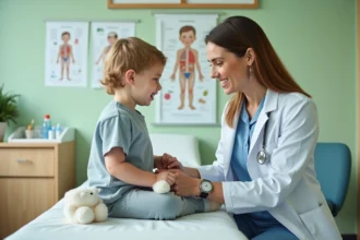Pédiatre souriante en consultation avec un jeune enfant dans un cabinet médical familial coloré et accueillant