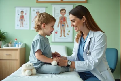 Pédiatre souriante en consultation avec un jeune enfant dans un cabinet médical familial coloré et accueillant