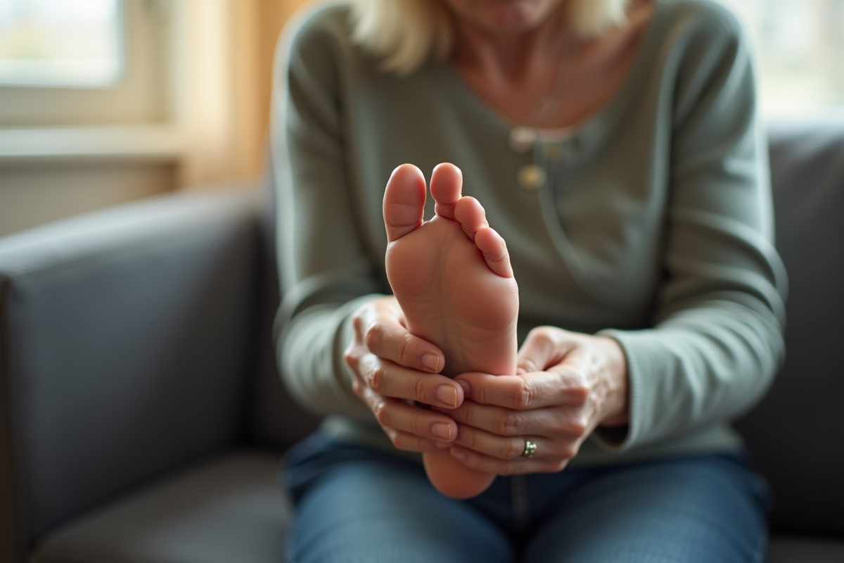 Personne agee examinant son pied dans un salon lumineux