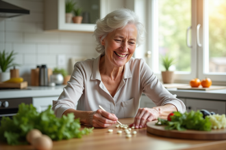 Femme senior souriante préparant un petit déjeuner sain