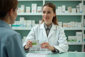 Pharmacienne expliquant la prise d'antibiotiques et d'Ultra Levure à un patient au comptoir d'une pharmacie