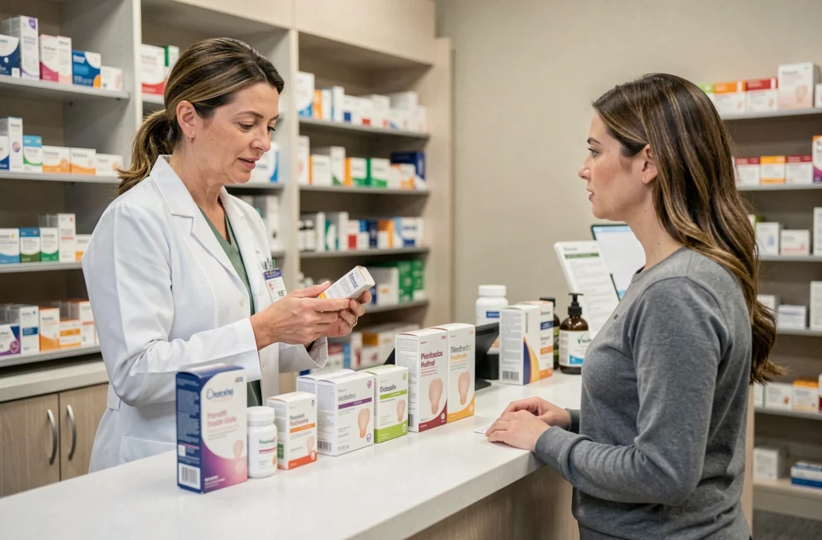 Pharmacienne conseillant une cliente sur les traitements pour mycose vaginale et infections à mycoplasmes en pharmacie
