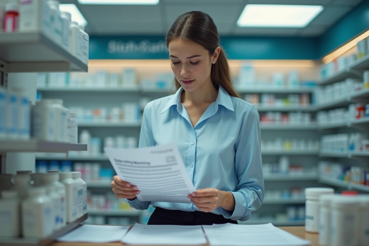 Pharmacienne examinant une fiche de warnings dans une pharmacie moderne