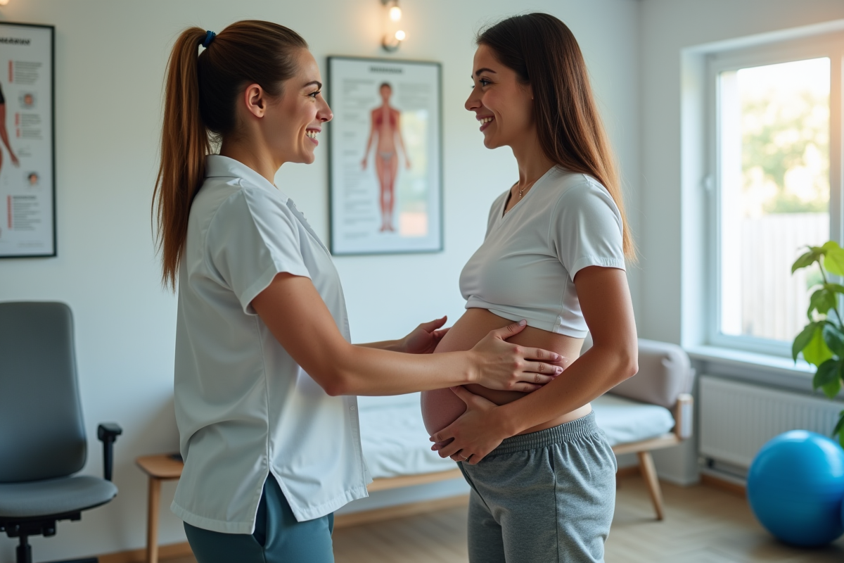 Kinésithérapeute montrant un exercice pelvien à une jeune maman dans une clinique
