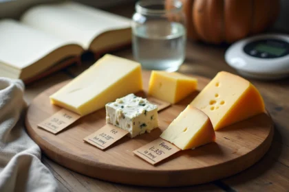 Plateau de fromages en portions mesurées sur une balance de cuisine pour un régime diabétique