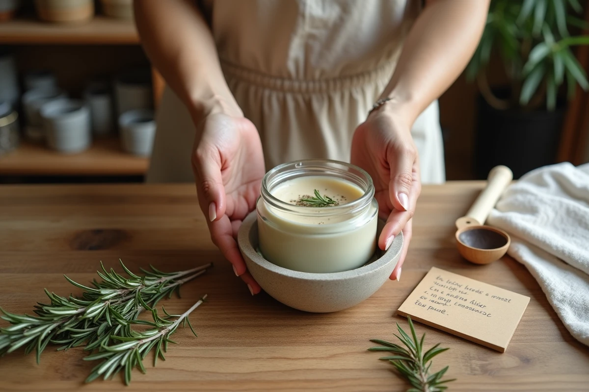 Mains préparant une crème maison au romarin sur une table en bois avec des ingrédients botaniques naturels