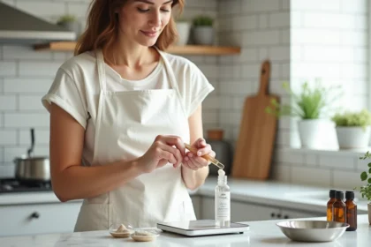 Femme préparant un sérum fait maison avec une balance de cuisine et des ingrédients naturels sur un plan de travail en marbre