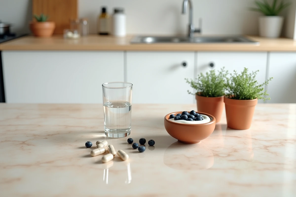 Capsules de probiotiques, yaourt aux myrtilles et herbes fraîches sur un plan de travail en marbre dans une cuisine moderne