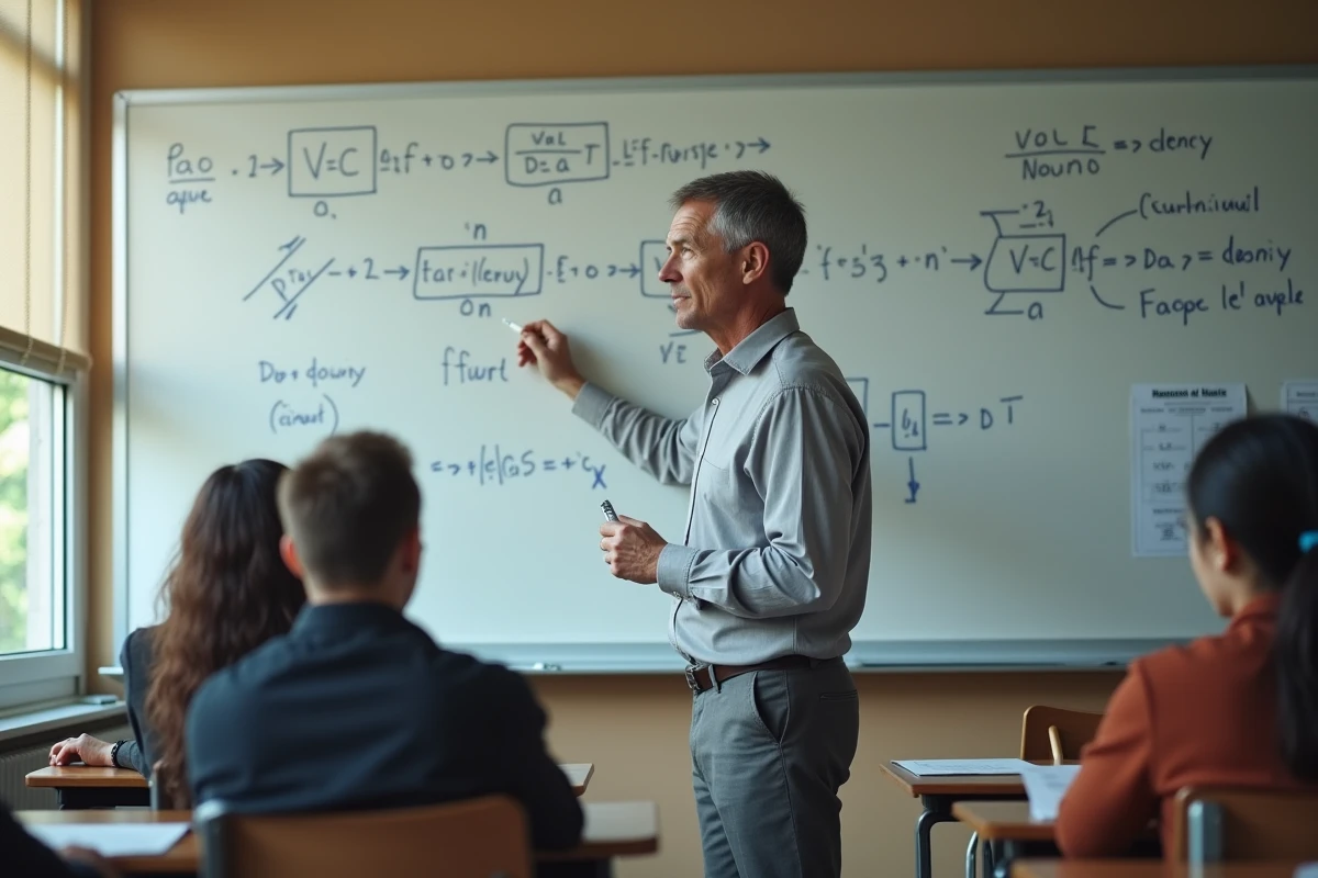 Professeur de physique expliquant le calcul de la tension électrique au tableau en classe de lycée pour la préparation au baccalauréat