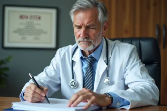 Médecin en blouse blanche examinant des dossiers indiva