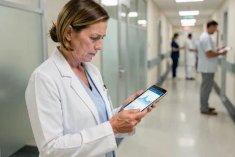 Professionnelle de santé consultant des données médicales sur tablette dans un couloir hospitalier moderne, illustrant les évolutions de la santé numérique en 2026