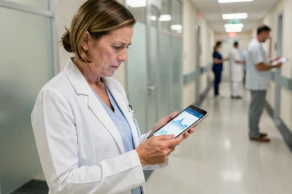 Professionnelle de santé consultant des données médicales sur tablette dans un couloir hospitalier moderne, illustrant les évolutions de la santé numérique en 2026