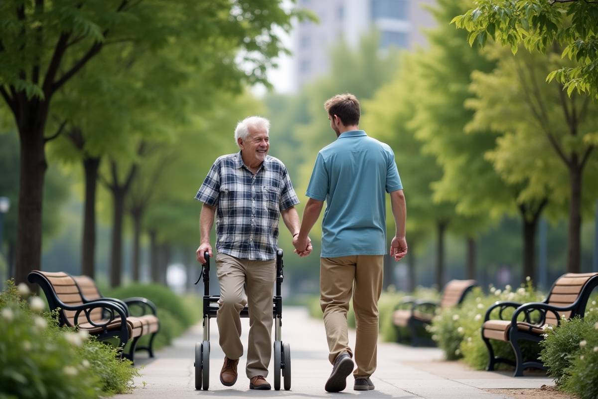 Jeune aidant aidant un senior à se promener dans un parc