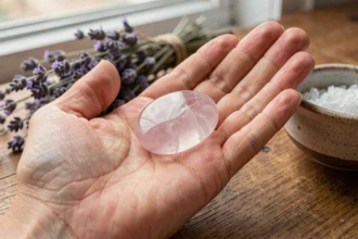Pierre d'inquiétude en quartz rose posée dans une paume de main, entourée de sel marin et de lavande séchée pour la purification