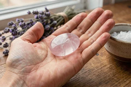 Pierre d'inquiétude en quartz rose posée dans une paume de main, entourée de sel marin et de lavande séchée pour la purification