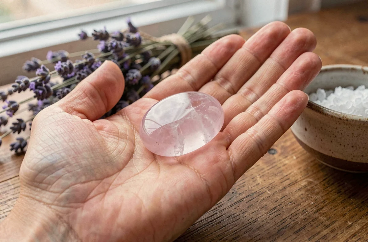 Pierre d'inquiétude en quartz rose posée dans une paume de main, entourée de sel marin et de lavande séchée pour la purification