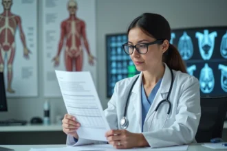 Radiologue en blouse blanche analysant un devis de PET Scan dans un bureau hospitalier moderne