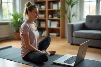 Femme en rééducation sportive avec ordinateur dans le salon