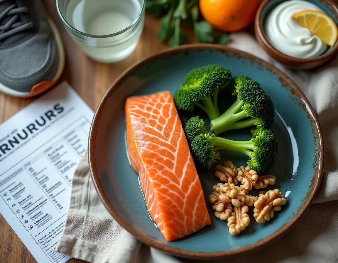 Assiette équilibrée riche en calcium et en oméga-3 recommandée pour soulager les douleurs du talon chez les jeunes sportifs atteints de la maladie de Sever