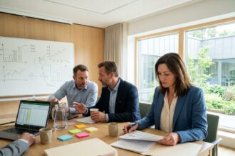 Réunion d'équipe dans un établissement médico-social autour de documents d'évaluation de la qualité