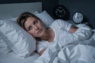 Femme réveillée à 4h du matin, les yeux ouverts dans l'obscurité, illustrant le réveil nocturne lié aux organes selon la médecine chinoise