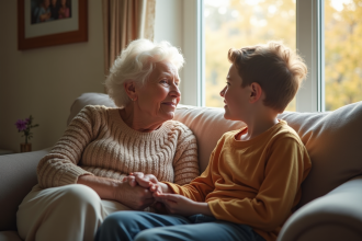 Une femme senior tenant la main de son petit-fils sur un canapé ensoleille
