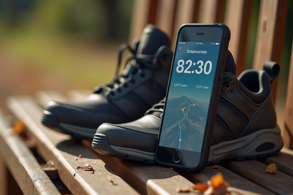 Smartphone avec application de marche et chaussures usées sur un banc