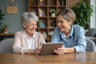 Femme âgée avec aide utilisant une tablette dans un salon moderne