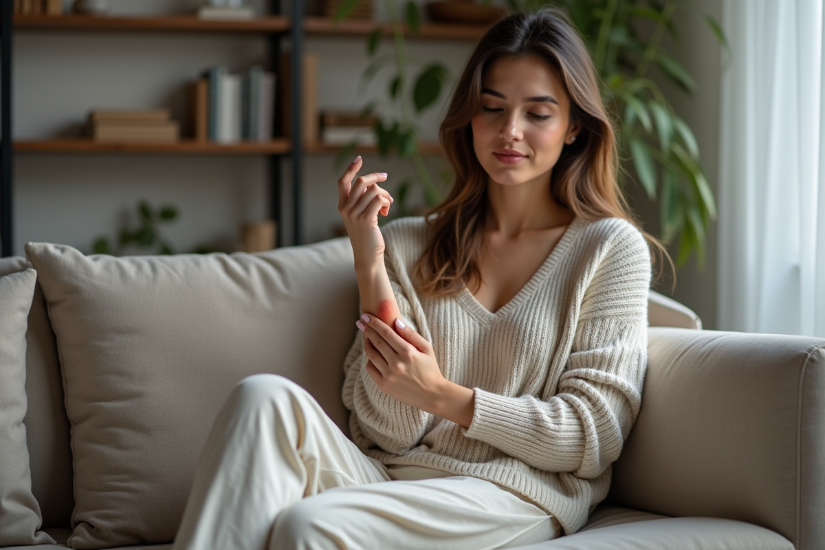 Jeune femme appliquant une creme sur une peau rouge