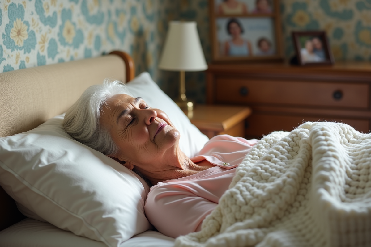 Femme agee dormant paisiblement dans son lit