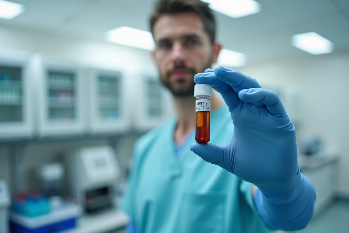 Technicien de laboratoire tenant un tube de prise de sang pour analyse du LDH et des marqueurs inflammatoires
