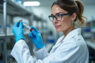 Technicienne de laboratoire tenant un flacon de sang pour analyse du groupe sanguin universel donneur O négatif