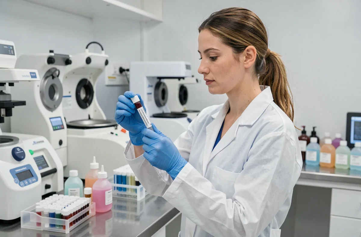 Technicienne de laboratoire manipulant un tube de sang pour l'analyse des transaminases ALAT SGPT