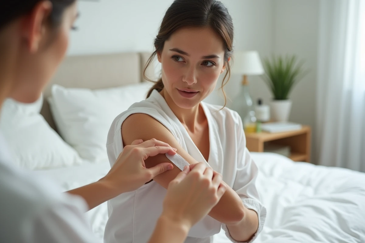 Femme réalisant un test cutané au romarin sur l'avant-bras pour vérifier la tolérance de sa peau sensible